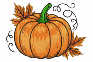 Pumpkin with Autumn Leaves Embroidery Design