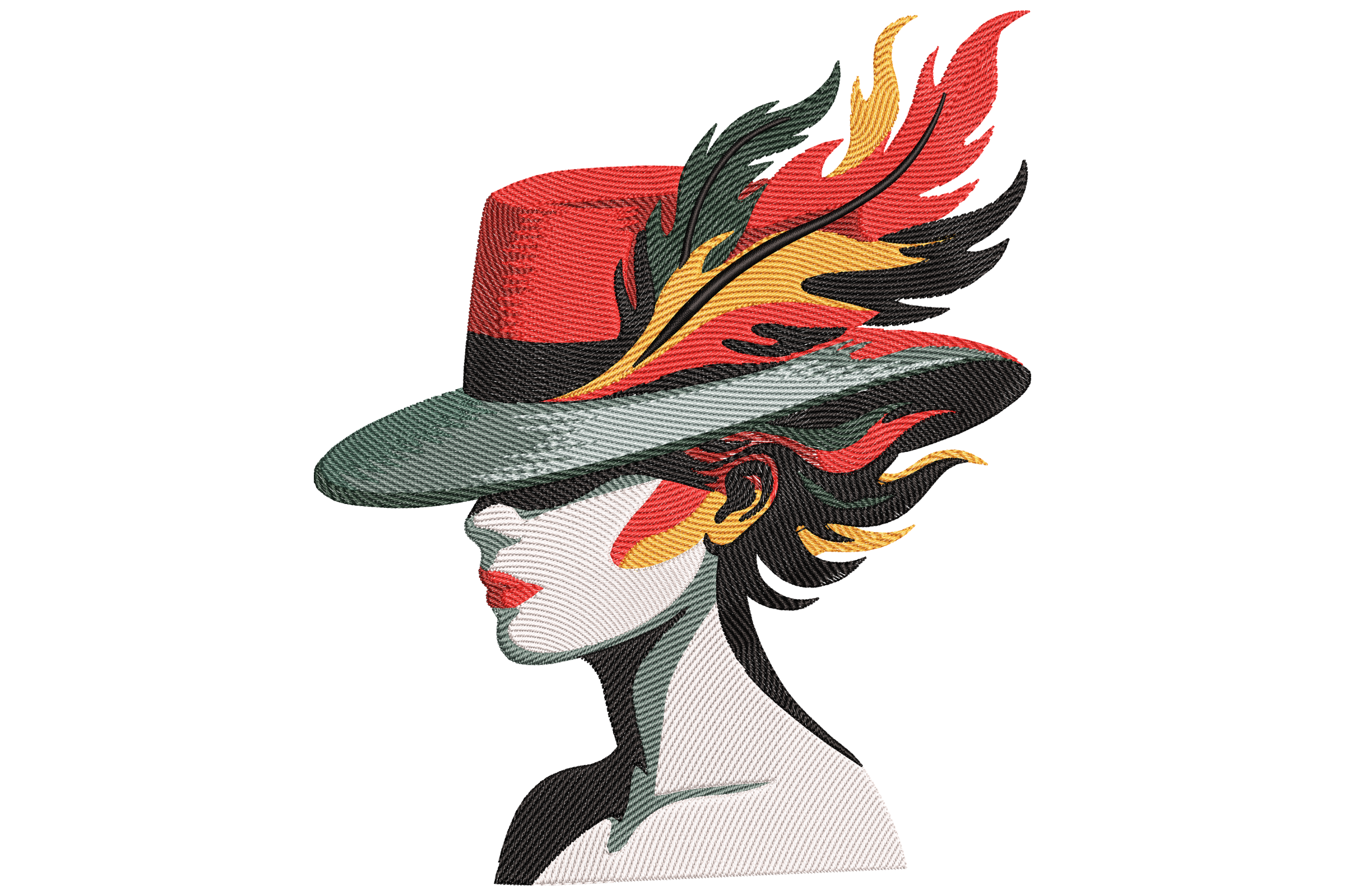 Stylish Lady with Feather Hat Embroidery Design