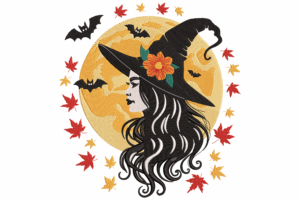 Witch with Moon and Bats Embroidery Design