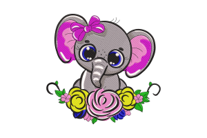 Baby Elephant with Floral Accent Embroidery Design