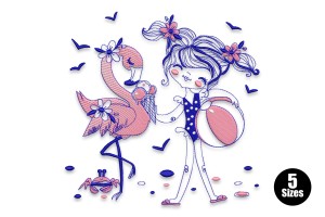 Free Beach Girl and Flamingo Embroidery Design
