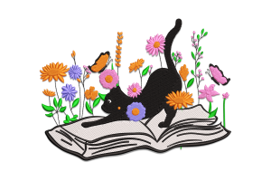 Playful Black Cat with Floral Book Embroidery Design