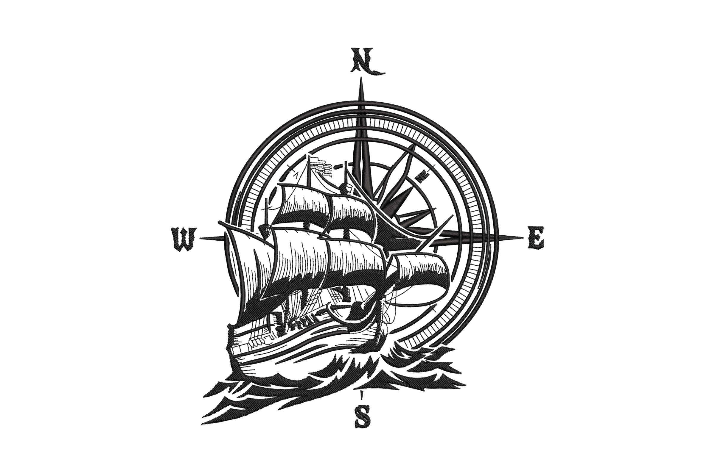 Compass Ship Embroidery Design