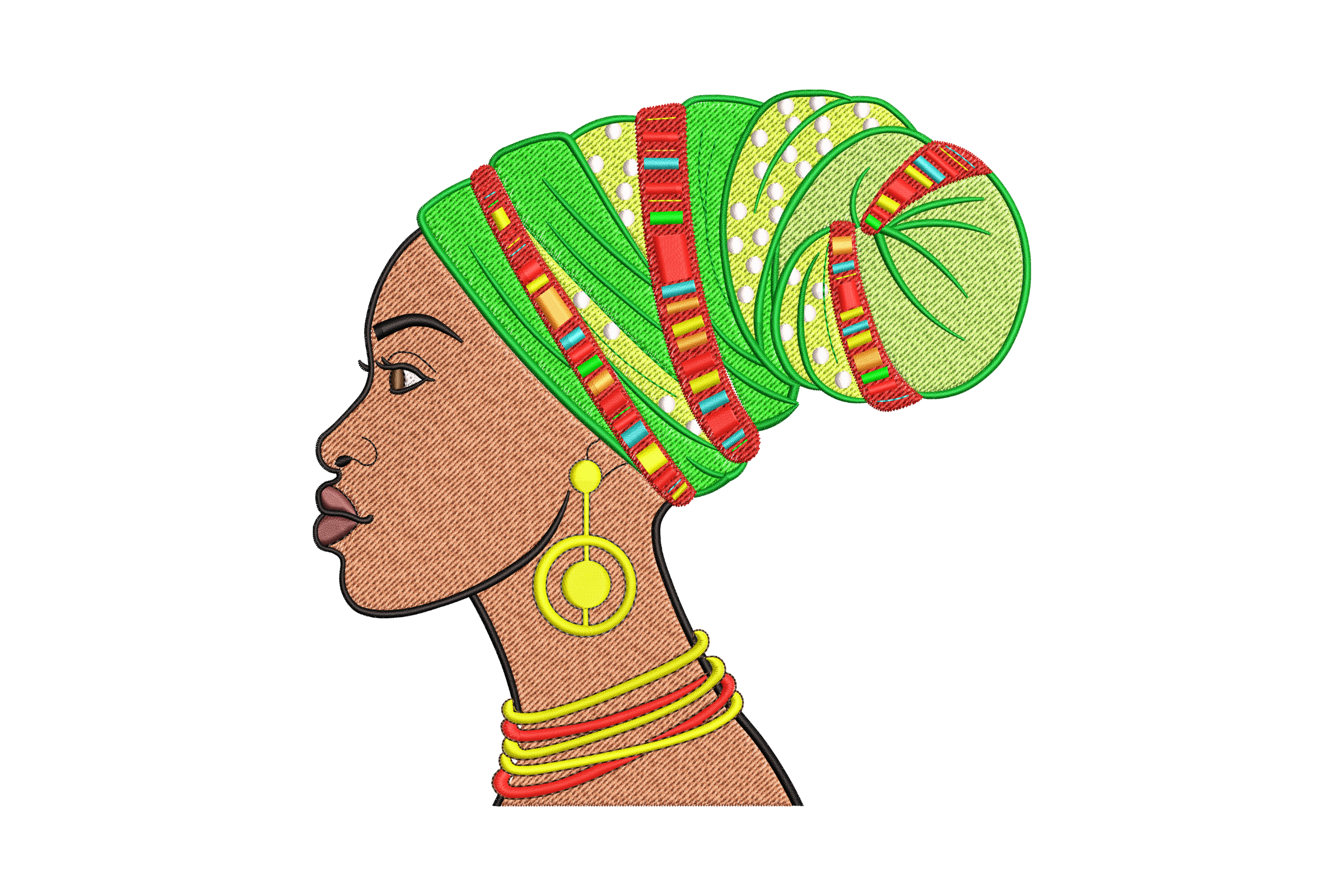 African Woman in Green Headwrap Embroidery Design