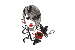 Elegant Lady with Rose and Butterfly Embroidery Design