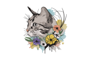 Floral Cat Embroidery Design File