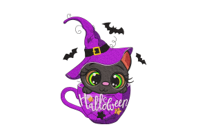 Halloween Witch Cat in a Purple Mug Embroidery Design