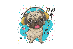 Premium Pug Listening to Music Embroidery Design